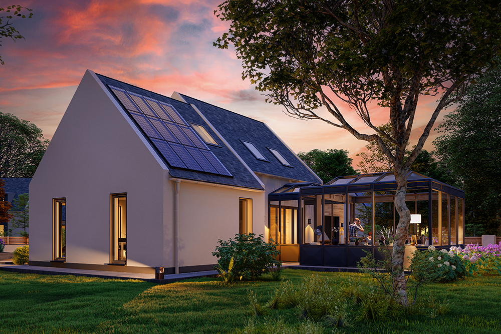 Home with solar panels at dusk